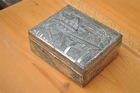 Vintage Small Metal Stamped Trinket Box Wood Lined Made In 